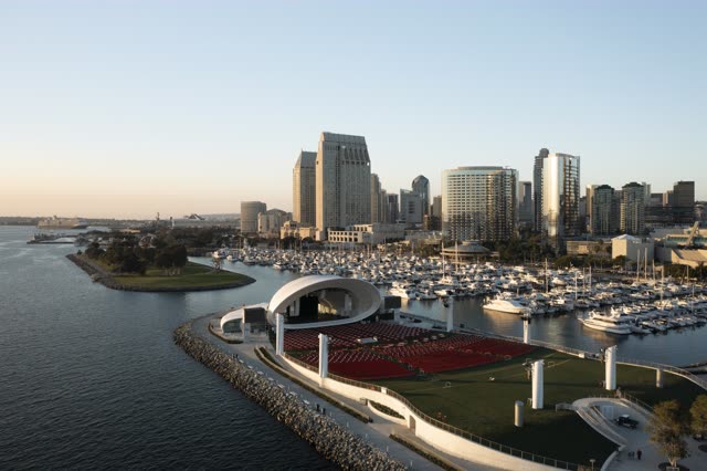 Aerial view of the harbor, the skyline and boats at San Diego Marina.