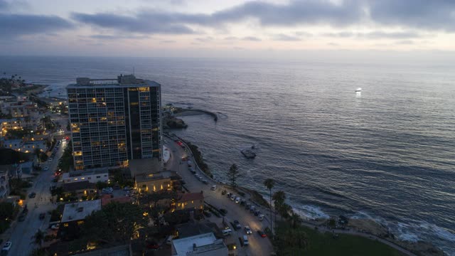Aerial view of the cliffs, boats and palm trees at La Jolla Cove.
