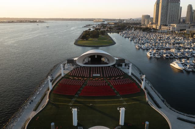 Aerial view of the harbor, the skyline and boats at San Diego Marina.