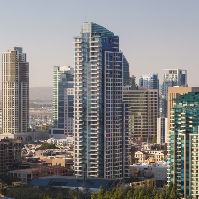 Aerial view of the downtown streets, the skyline and homes at Embarcadero.
