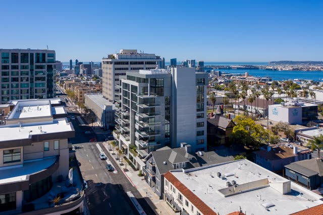 Aerial view of the downtown streets, the skyline and palm trees at Bankers Hill.
