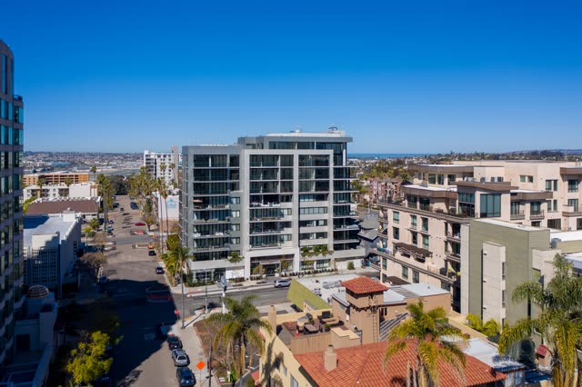 Aerial view of the downtown streets, palm trees and the bay at Bankers Hill.