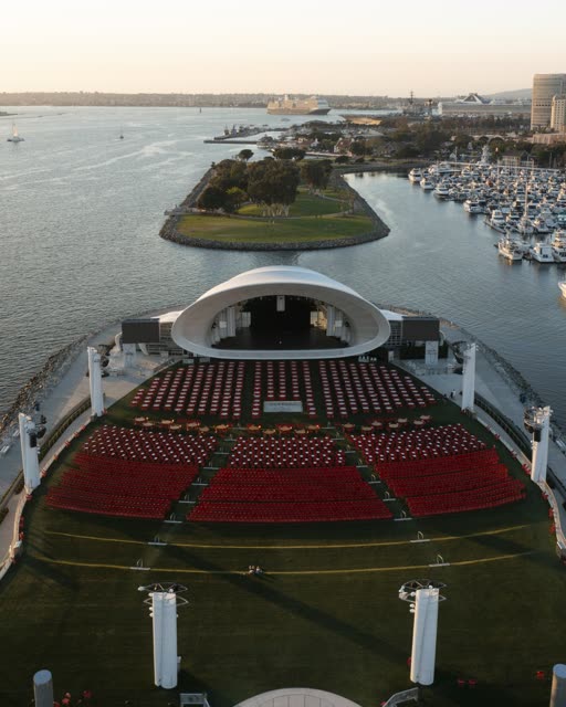 Aerial view of the harbor, boats and the bay at San Diego Marina.