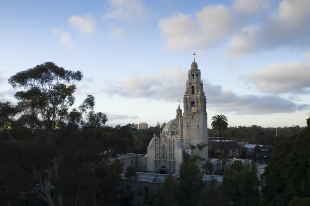 Elevated view of a park, palm trees and the buildings in Balboa Park.