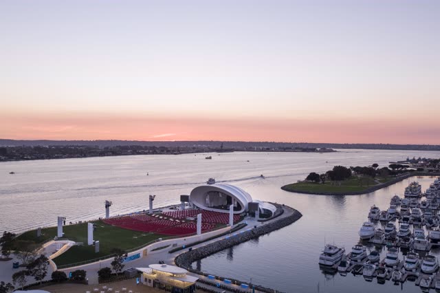 Aerial view of the harbor, boats and the bay at San Diego Marina.