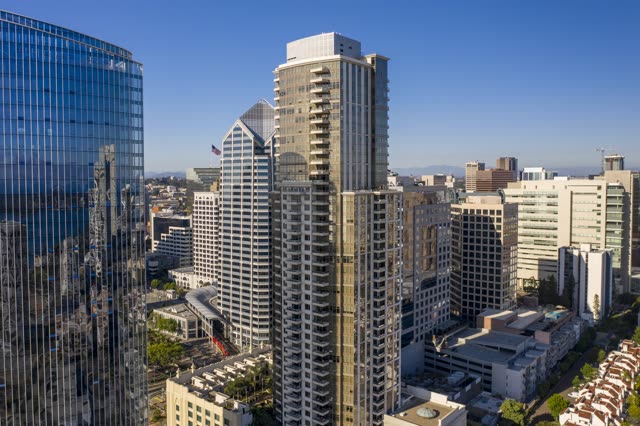 Aerial view of the downtown streets, the skyline and the buildings at Waterfront.