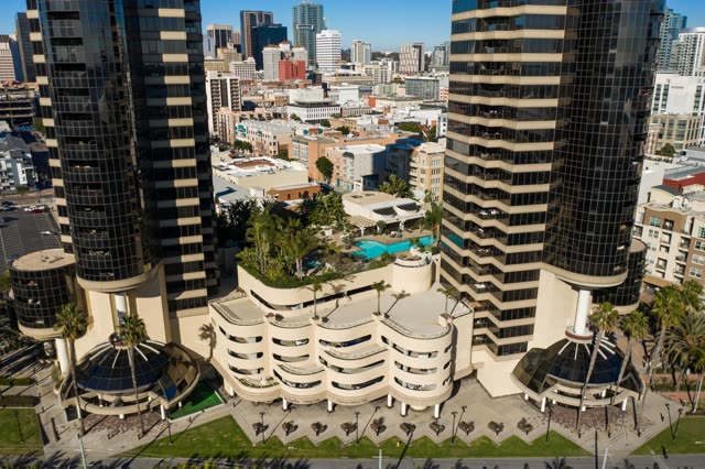 Aerial view of the downtown streets, the skyline and palm trees at San Diego Marina.