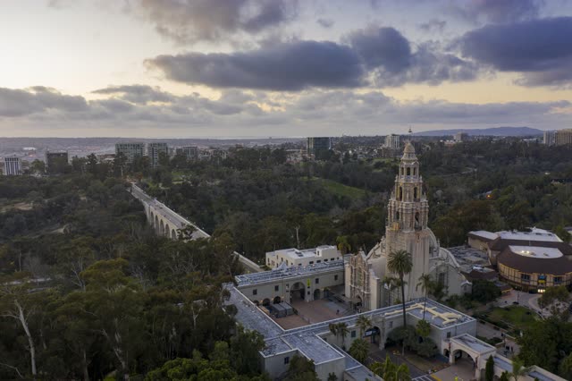 Aerial view of a park, the bridge and the skyline in Balboa Park.