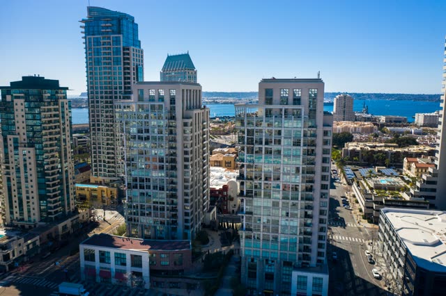 Aerial view of the downtown streets, the skyline and the bay at San Diego Marina.