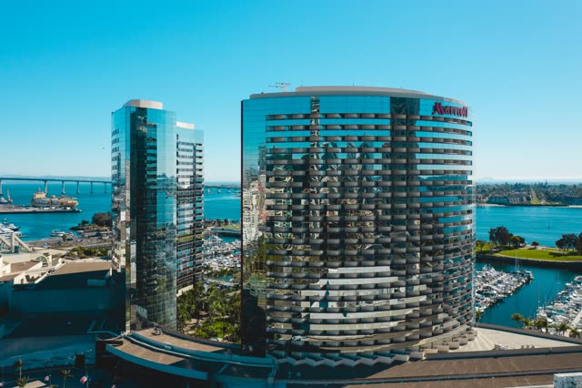 Aerial view of the downtown streets, the bridge and the skyline at San Diego Marina.