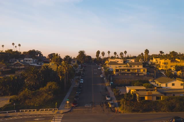 Low aerial view of a residential street, palm trees and homes at Moonlight Beach.