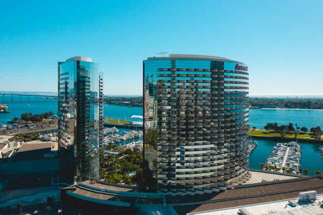 Aerial view of the downtown streets, the bridge and boats at San Diego Marina.