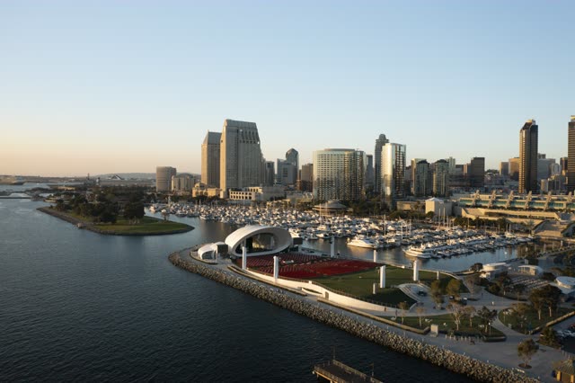 Aerial view of the harbor, the skyline and boats at San Diego Marina.