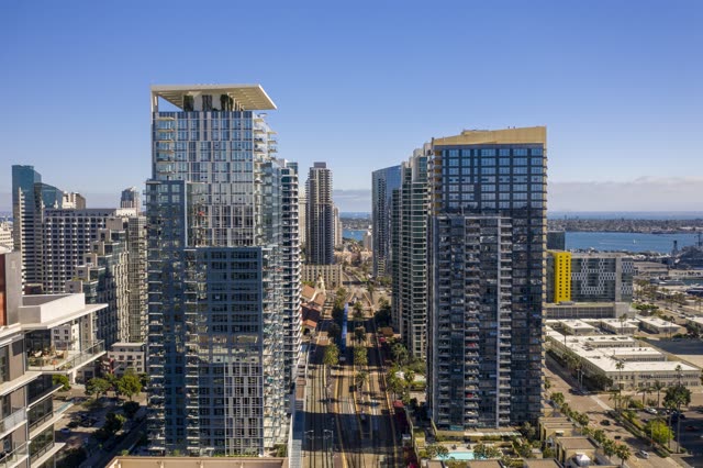 Aerial view of the downtown streets, the skyline and boats at Waterfront.