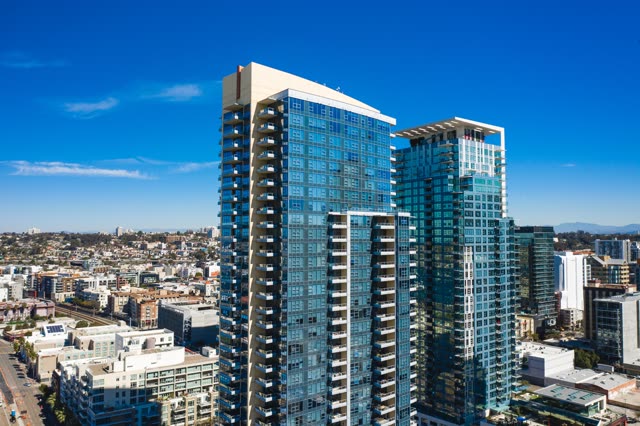 Aerial view of the downtown streets, the skyline and the buildings at Waterfront.