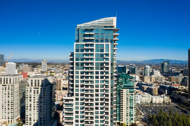 Aerial view of the downtown streets, the skyline and the buildings at San Diego Marina.