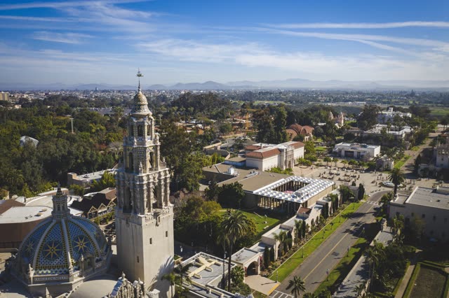 Aerial view of a park, palm trees and the buildings in Balboa Park.