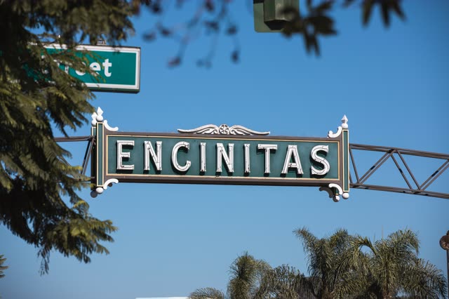 The downtown streets, palm trees and the buildings at Downtown Encinitas.