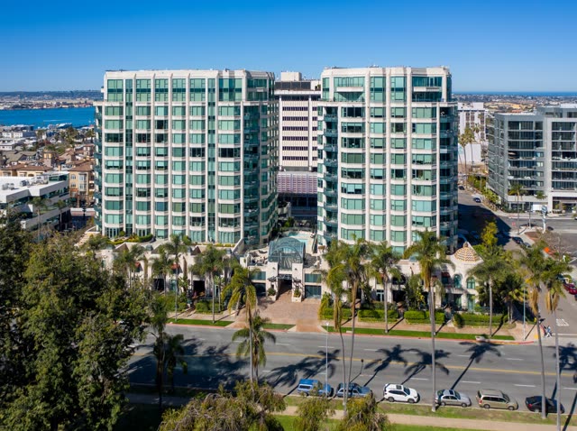 Aerial view of the downtown streets, palm trees and the bay at Bankers Hill.