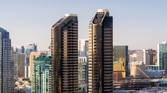 Aerial view of the downtown streets, the skyline and the buildings at Embarcadero.