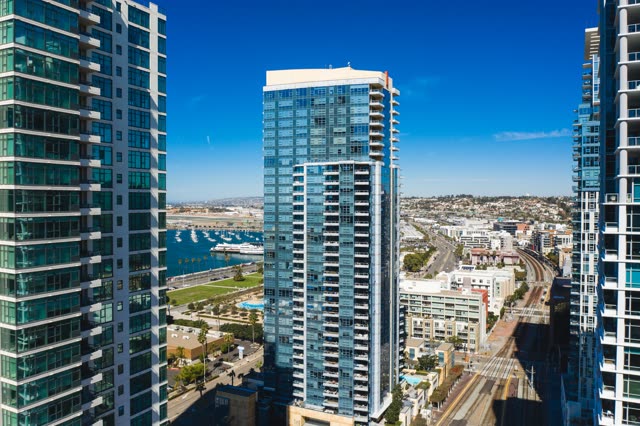 Aerial view of the downtown streets, the skyline and boats at Waterfront.