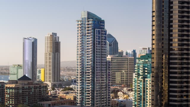 Low aerial view of the downtown streets, the skyline and the buildings at Embarcadero.
