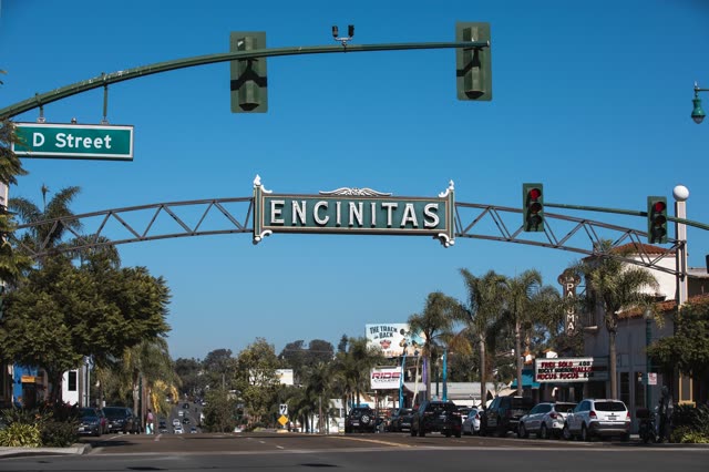 The downtown streets, palm trees and the buildings at Downtown Encinitas, with people walking.