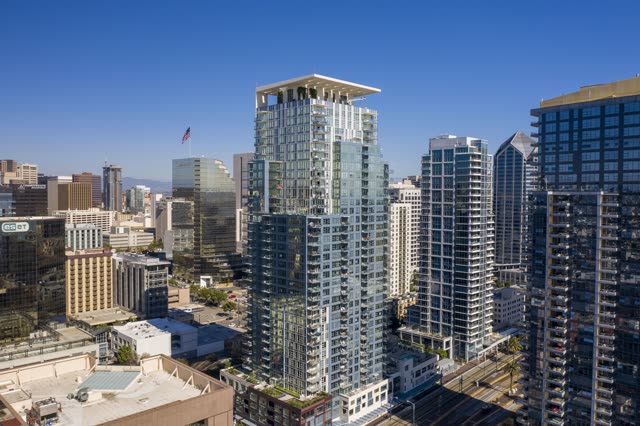 Aerial view of the downtown streets, the skyline and the buildings at Waterfront.