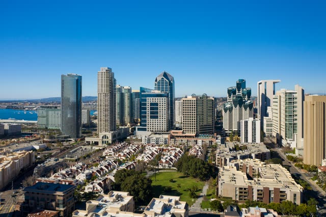 Aerial view of the downtown streets, the skyline and the bay at San Diego Marina.