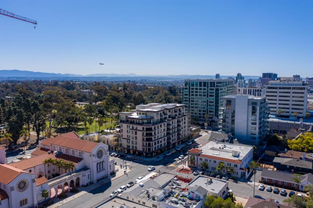 Aerial view of the downtown streets, the skyline and homes at Bankers Hill.