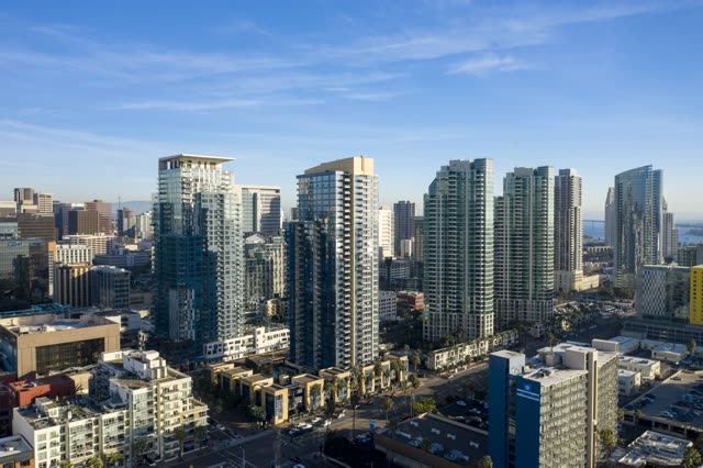 Aerial view of the downtown streets, the skyline and the buildings at Waterfront.