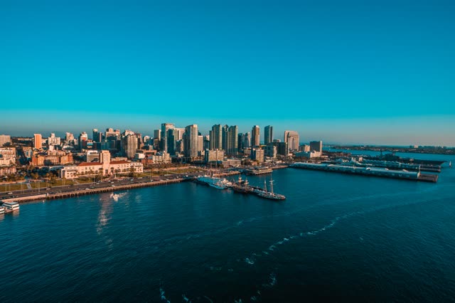Aerial view of the downtown streets, the skyline and boats at San Diego Marina.