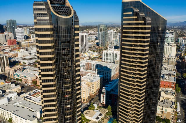Aerial view of the downtown streets, the skyline and the buildings at San Diego Marina.