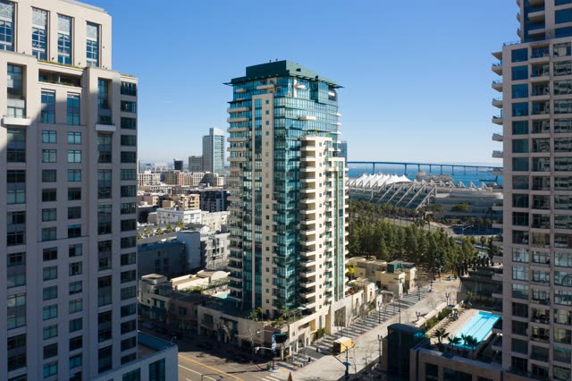 Elevated view of the downtown streets, the bridge and the skyline at San Diego Marina.