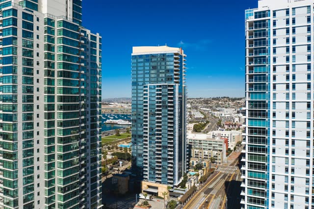Aerial view of the downtown streets, the skyline and boats at Waterfront.