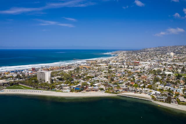 Aerial view of the beach, the ocean and the bay in Mission Bay.