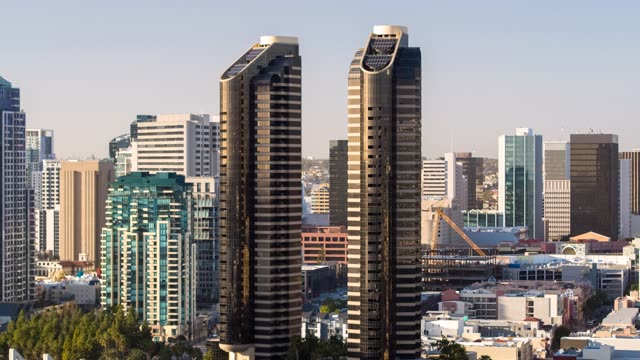 Aerial view of the downtown streets, the skyline and the buildings at Embarcadero.