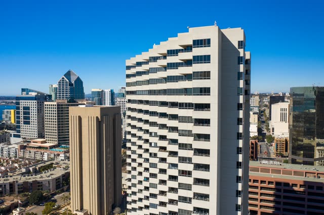 Aerial view of the downtown streets, the skyline and the bay at San Diego Marina.