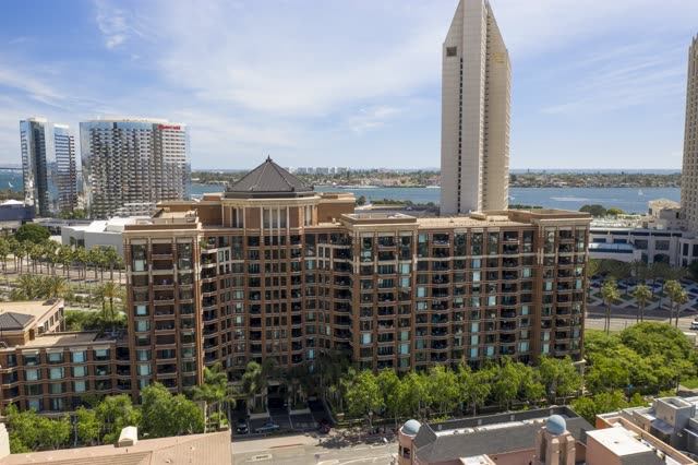 Aerial view of the downtown streets, the skyline and palm trees at San Diego Marina.