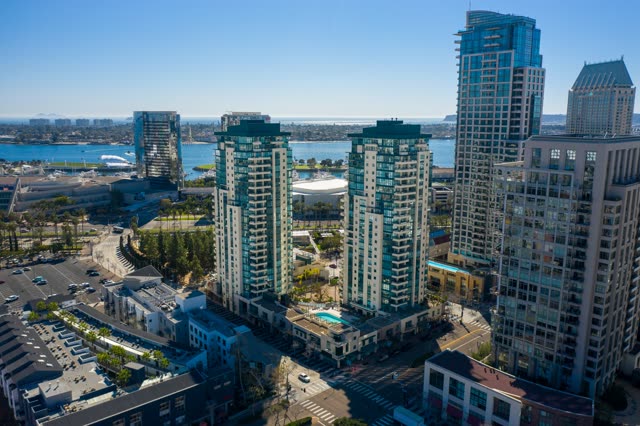 Aerial view of the downtown streets, the skyline and boats at San Diego Marina.