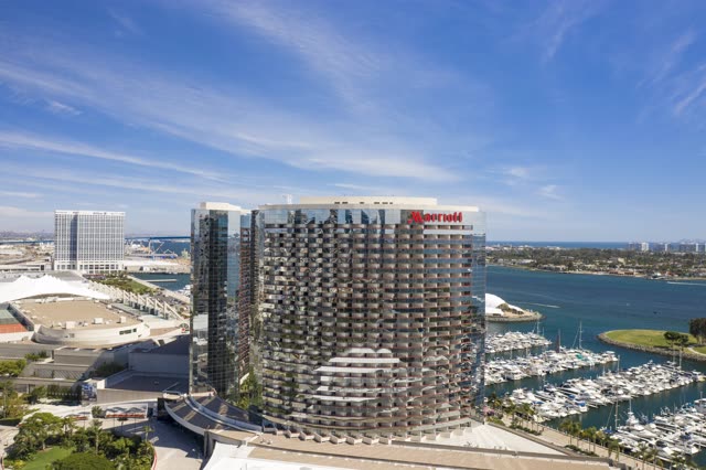 Aerial view of the downtown streets, the skyline and boats at San Diego Marina.