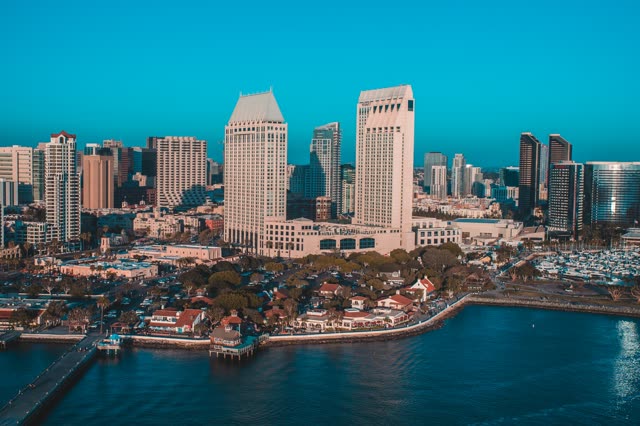 Aerial view of the downtown streets, the skyline and boats at San Diego Marina.