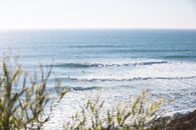 Elevated view of the cliffs, the surf and the ocean in Encinitas, with surfers out.
