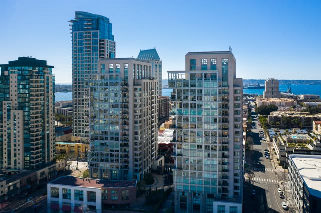 Aerial view of the downtown streets, the skyline and the bay at San Diego Marina.