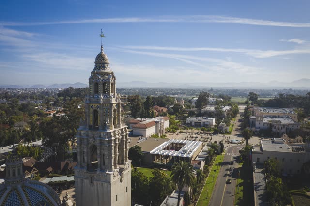 Low aerial view of a park, palm trees and the buildings in Balboa Park.