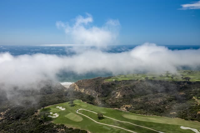Aerial view of the cliffs, the ocean and open country at Torrey Pines.