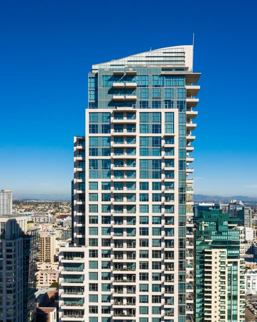 Aerial view of the downtown streets, the skyline and the buildings at San Diego Marina.