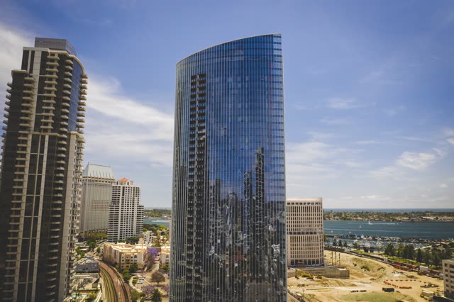 Aerial view of the downtown streets, the skyline and boats at Waterfront.