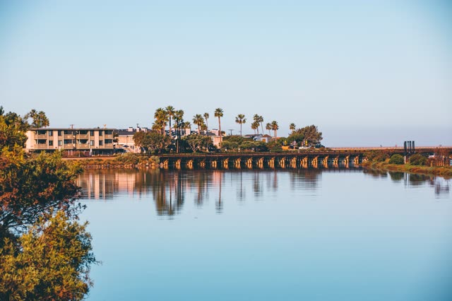 A residential street, the bridge and palm trees in Del Mar.