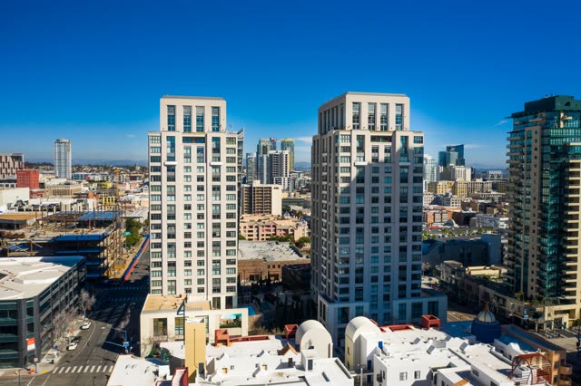 Aerial view of the downtown streets, the skyline and homes at San Diego Marina.